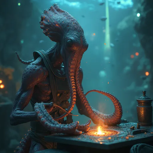 Prompt: A highly detailed and cinematic anthropomorphic cephalopod character called a Cephalion. The Cephalion has a humanoid posture with muscular yet fluid tentacle-like limbs, intricate skin textures resembling bioluminescent oceanic patterns that glow faintly in a dark, atmospheric setting. The face combines human-like expressiveness with alien features: large, intelligent eyes and a crown of tentacle appendages flowing gracefully. The background is a futuristic underwater cityscape, illuminated by ethereal, glowing structures. The lighting is dramatic and moody, with a mix of soft bioluminescent hues and sharp, high-contrast highlights. This scene should have the level of realism, scale, and detail of a high-budget blockbuster Sci-Fi movie, with a sense of awe-inspiring mystery and a hint of ancient aquatic wisdom.

In the heart of a luminous underwater city, surrounded by towering bioluminescent spires and drifting schools of alien fish, a Cephalion master blacksmith toils at their forge. The Cephalion’s body glistens with the iridescent sheen of its bioluminescent skin, glowing faintly with blues and greens that pulse with its concentration. Its tentacle-like arms move with mesmerizing precision, manipulating tools and molten materials effortlessly, while its humanoid torso remains poised and powerful.

The forge is no ordinary smithy. It is a blend of ancient craftsmanship and alien technology, carved into the coral-like structure of a massive reef. The glowing furnace is fueled not by fire but by a mysterious hydrothermal vent, spewing heat and light into the forge. Streams of shimmering particles swirl around as if guided by the Cephalion’s will.

With its large, intelligent eyes fixed on its work, the Cephalion hammers a glowing piece of biometal—a material unique to the oceanic depths—on an anvil shaped from volcanic rock. Sparks of luminous energy scatter in the water, illuminating the smith’s intricate facial tendrils that ripple with each movement, mirroring the rhythm of their craft. Around the forge, tools and instruments hover in the water, suspended by faint energy fields that respond to the Cephalion’s gestures.

The city beyond the forge bustles with life. Cephalions swim gracefully through the glowing streets, their forms blending with the otherworldly ambiance of the ocean floor. The sound of the hammer striking metal reverberates like a melodic echo, a deep-sea rhythm that inspires awe and respect in all who pass.

This Cephalion, a craftsman of legendary renown, is not merely shaping tools or weapons but imbuing each creation with the essence of the deep—an unspoken connection to the wisdom and mysteries of the abyss.