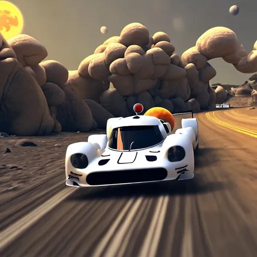 Prompt: the moon and on the moon is a moon racing game in progress with moon racing car, realistic and in hd