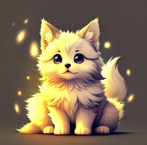 Prompt: Cute, very, very, light gray, fluffy, fantasy light puppy, with cloudy, white eyes, very, light, light, gray fur, and possessing the element of air and making circles of clouds and air move around in the air in a magical way, in a space background. Perfect features, extremely detailed, realistic. Krenz Cushart + loish +gaston bussiere +craig mullins, j. c. leyendecker +Artgerm.