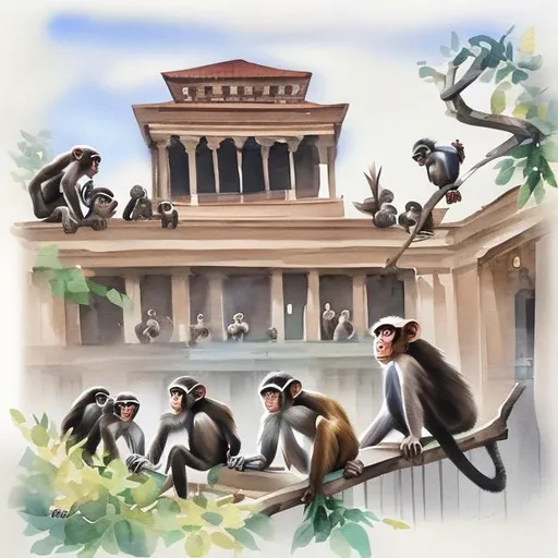 Prompt: Monkeys and birds arguing on a session hall in watercolor