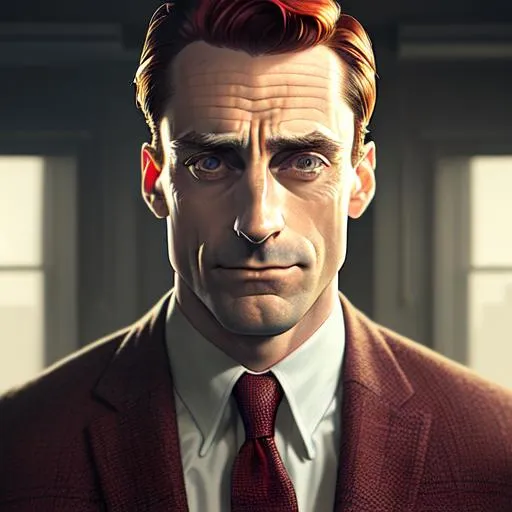 Prompt: Portrait of John Hamm as Howard Roark with reddish hair and with heoric and stearn face, architect office background, perfect composition, hyperrealistic, super detailed, 8k, high quality, trending art, trending on artstation, sharp focus, studio photo, high key lighting, intricate details, highly detailed, by greg rutkowski