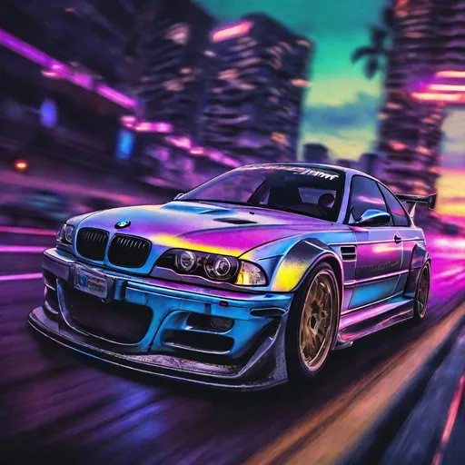 Prompt: 2001 BMW M3 E46 GTR, synthwave, aesthetic cyberpunk, miami, highway, dusk, neon lights, coastal highway, dusk, neon lights, coastal highway, sunset, drift, nurburgring, water on the road, blade runner, 64k, watercolor, macro sharp focus, 8, hyper realistic, cinematic, highly detailed, photoraelistic, clean