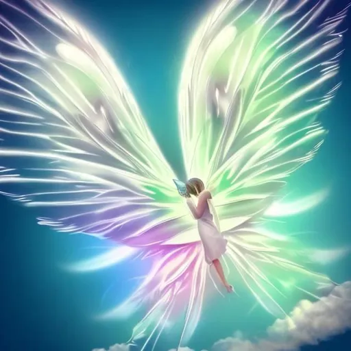 Prompt: A butterfly with angel wings, fly to heaven.