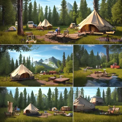Prompt: Create a luxury outdoor camping, glamping scene. multiple campsites. Professional Photo Realistic Image, artistation, hyper detailed, intricately detailed, intricate detail, 8k resolution, deviantart masterpiece, splash arts, ultra details Ultra realistic, hi res, UHD, 64k, 3D rendering.