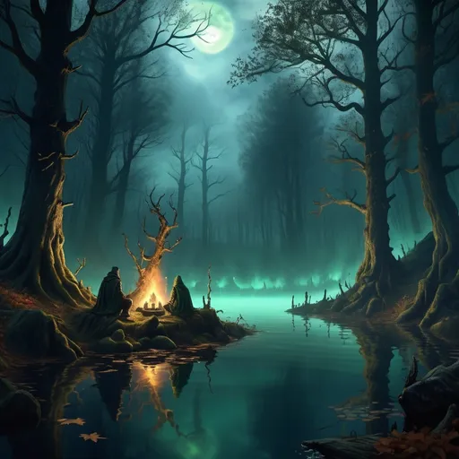 Prompt: Warhammer fantasy RPG style small pond in eerie woods, autumn, mist, dense forest, mysterious atmosphere, detailed foliage and twisted trees, haunting reflections in water, high quality, dark fantasy, eerie dark blue and green tones, atmospheric lighting,  three people sitting around single fire camp, dark sky