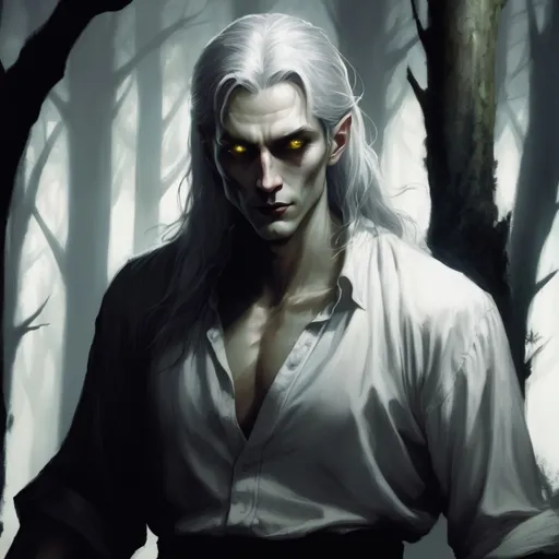 Prompt: A creature is standing in the dark forest, in the moonlight. He looks like a handsome, young man, but he has [very pale skin], [glowing yellow eyes], [extremely long, grey hair], [black lips] and [white, pointed fangs]. He is wearing a white peasant shirt.