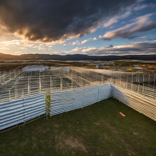 Prompt: Long shot scenic professional photograph of a temporary fence panels on a construction project site, the fence has been blow over in some sections of the active prohject site in the evening at twilight perfect viewpoint, highly detailed, wide-angle lens, hyper realistic, with dramatic sky, polarizing filter, natural lighting, vivid colors, everything in sharp focus, HDR, UHD, 64K