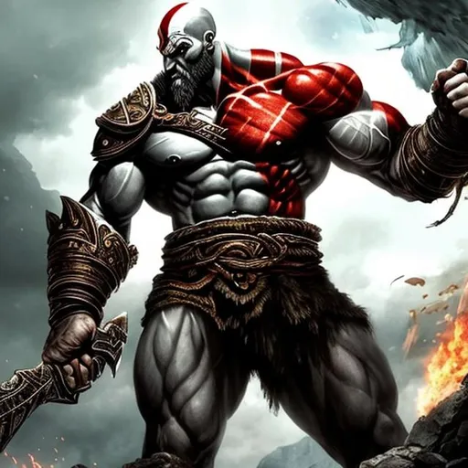 Prompt: God of War, a formidable figure exuding power and strength. His towering muscular frame is adorned with battle scars, a testament to his countless victories on the battlefield.

The mood of the scene is intense and foreboding, capturing the God of War's fierce determination and unwavering resolve. There is a sense of both danger and awe in the air, as he stands as a formidable force, ready to unleash his divine 