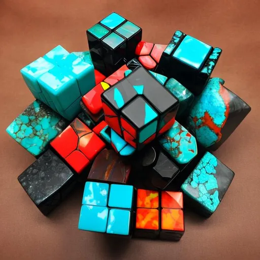 Prompt: Rubix cube obsidian turquoise coral Bone jet Jasper opal 