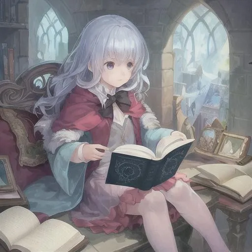 Prompt: a girl reading a magical book