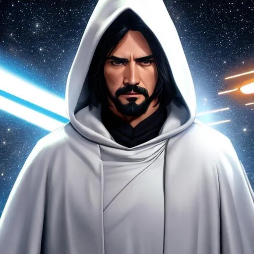 Prompt: forced perspective. Hyper detailed. 
full torso.  long graying black hair and goatee. White hooded greatcoat. Star wars 