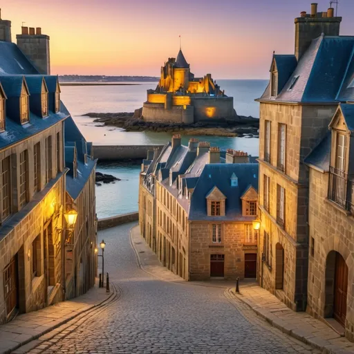Prompt: Historic walled city of St Malo at sunset, golden hues, overlooking the tranquil sea, detailed architecture, high dynamic range, realistic, highres, sunset glow, coastal scene, medieval fortress, French landmark, scenic view, ancient cobblestone streets, serene atmosphere, HDR, 4k, atmospheric lighting