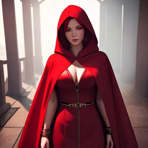 Prompt: red haired girl, wears dark red hooded robe, highly detailed body, full body, whole body visible, full character visible, soft lighting, high definition, ultra realistic, unreal engine 5, 8K, digital art