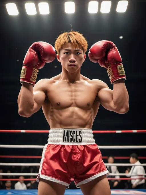 Prompt: "Imagine a Japanese boxer named Hiroto, resembling Naoya Inoue, with a very muscular physique and determined gaze. He is wearing a pair of thick, red and extra big boxing gloves in a boxing ring. His choice of attire includes red satin trunks, adding a touch of elegance to his powerful presence. He is confident and raised up his strong arms to flex his miscles, showcasing his readiness to dominate the ring with his skills and determination."