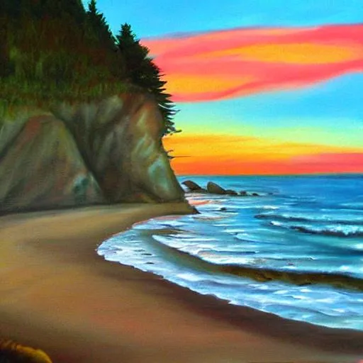 Prompt: Sunset on sea coast oregon painting 