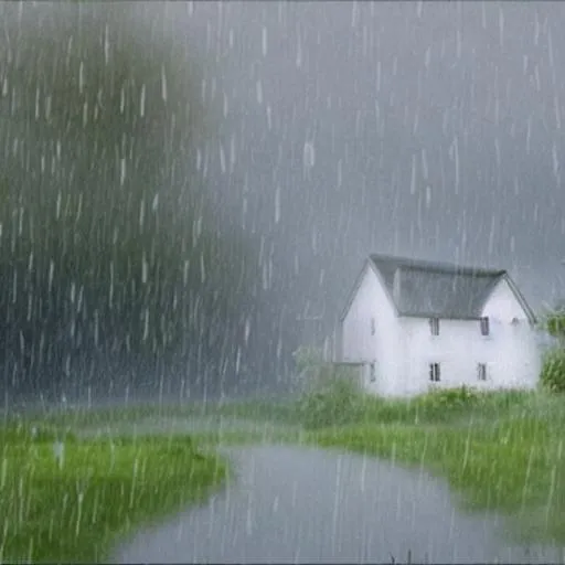 Prompt: white cottage, heavy rain, rain storm, 