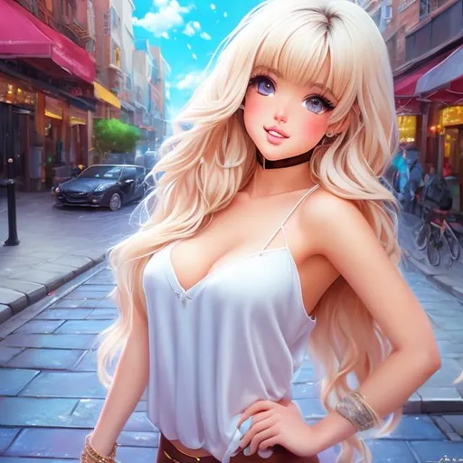 Prompt: Full body Portrait of {nsfw Artist Ayla on the street anime 3d} with {blond} hair and with cute face, { In photo hd}, full body, perfect composition, hyperrealistic, super detailed, 500k, high quality , trending art , trending on artstation , sharp focus , Realistic background image hd, intricate details, highly detailed.