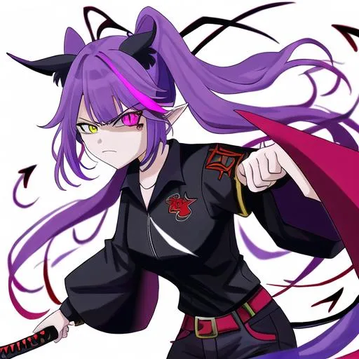 Prompt: Haley  as a demon (multi-color hair) (multi-color eyes)(she has horse ears) holding a katana, fighting, in a gunfight, bullets flying, fighting in a rural area, angry, (demon tail), (demon wings), lunging at the center, flying in the air