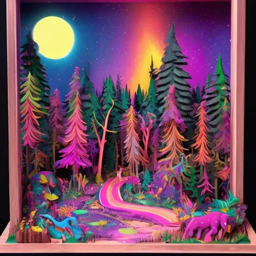 Prompt: Lisa frank style forest at night diorama