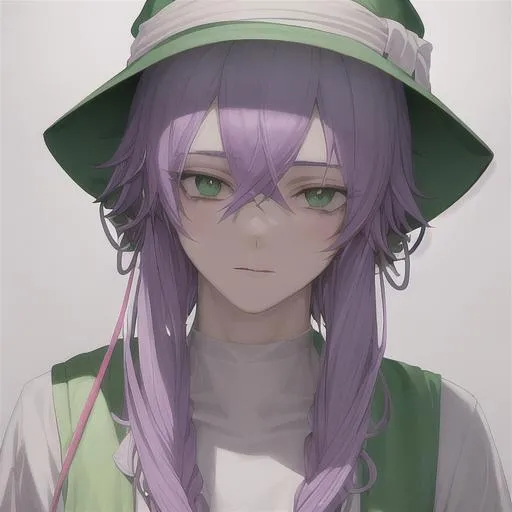 Prompt: (best quality, masterpiece), young pale man, (male), wearing a bucket hat, pastel purple and withe hair, green eyes, 
High details face, High quality details face, square background, streetwear, aesthetic wear, half body,