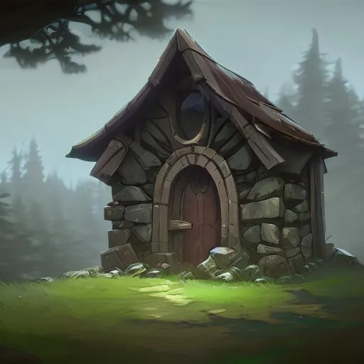 Prompt: A small hut hidden in the middle of a forest with a stone wall in a fantasy style