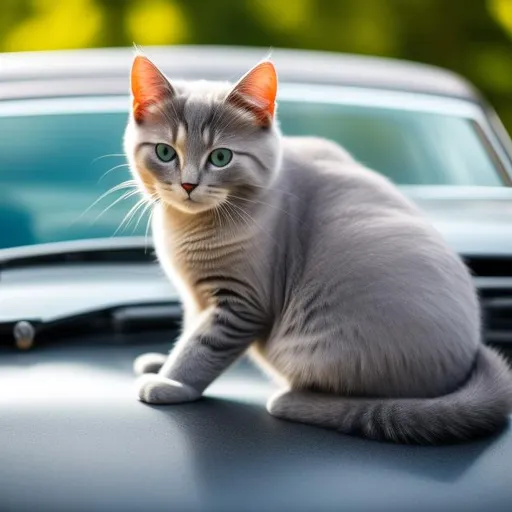 Prompt: 4k resolution, highly detailed pictures, perfectly drawn object, A photo of lazy bluish grey cat sit on a car hood