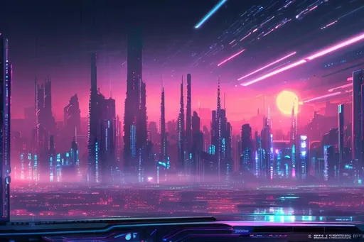 Prompt: A wide landscape shot a futuristic cyberpunk ciity with the sun rising behind it in a 21:9 aspect ratioA wide landscape shot a futuristic cyberpunk ciity with the sun rising behind it in a 21:9 aspect ratio