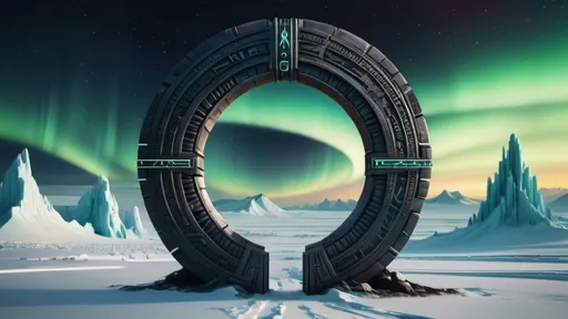 Prompt: magical portal between cities realms worlds kingdoms, circular portal, ring standing on edge, upright ring, freestanding ring, hieroglyphs on ring, complete ring, ancient aztec architecture, arctic winter setting, aurora borealis, panoramic view, dark night, futuristic cyberpunk tech-noir setting