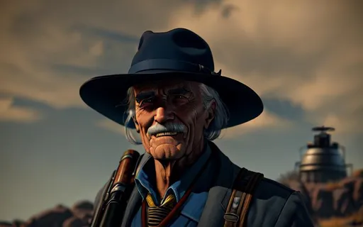 Prompt: Portait Old Man happy, carryng Double-barreled shotgun, Full body, photorealistic picture, Fallout 76 blue skys, really old look, very detailed, realistic photo, dramatic lighting,