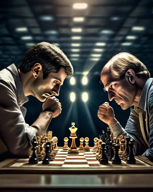 Prompt: Two chess masters face off in an international tournament, gazing intensely at the board spotlit dramatically overhead. A hushed crowd looks on at the competitive game. In the style of (Howard Lyon:0.5), ultra detailed, highly detailed scenario, photorealistic, intricate, masterpiece, UHD, HDR, symmetric, coherent, epic detail, stunning, beautiful, ,lumen render ,lumen path tracing ,path tracing light ,path tracing shadow ,path tracing special fx, 