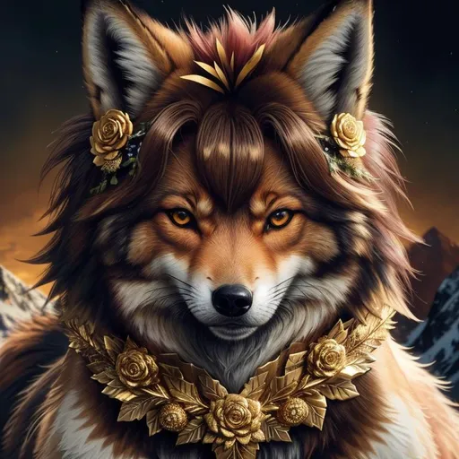 Prompt: extremely detailed brawny rugged fox-wolf, (quadrupedal canine), 8k eyes, detailed face, dense bright gold fur, big anime intense eyes, gold leaf wreath, rose wreath, intricate details, insanely detailed, UHD, HDR , masterpiece, cinematic lighting, hyper realistic, hyper realistic fur, 8k, complementary colors, insanely beautiful and detailed mountain peak castle, stunning, brilliant, golden ratio, ray tracing, vector art, masterpiece, epic oil painting, vibrant, vivid colors, fantasy art, high octane render, photo realism, volumetric lighting, glaring, growling, wise, depth, high definition face, highly detailed intense shading, unreal 5, by Yuino Chiri, artstation, top model, sunlight on hair, sparkling gold jewels on crest, intricate hyper detailed breathtaking colorful glamorous scenic view landscape, ultra-fine details, hyper-focused, deep colors, intense colors, dramatic lighting, ambient lighting, by sakimi chan, anne stokes, artgerm, wlop, pixiv, tumblr, instagram, deviantart