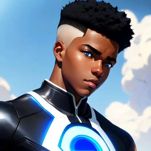 Prompt: sixteen-year old black teenage boy, African-American hair texture, short close-cropped fade haircut, black hair, white and blue jumpsuit, superhero, smooth soft skin, glowing blue eyes,  symmetrical, soft lighting, detailed face, concept art, digital painting, by rossdraws, makoto shinkai, Alex Flores, Dao Trong Le, Mingchen Shen, Newmilky, stanley artgerm lau, wlop