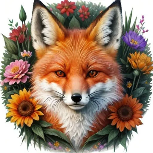 Prompt: A tattoo design of a realistic fox surounded by flowers