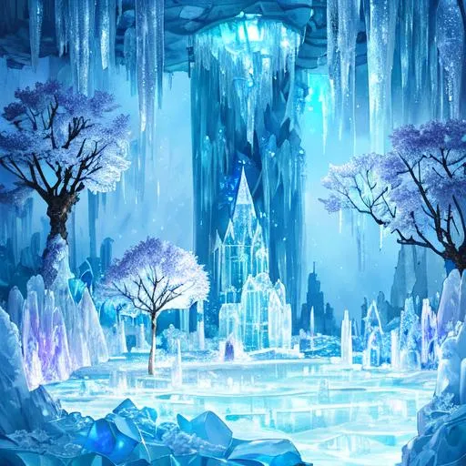 Prompt: ice garden, glass flowers and ice trees, crystal world, crystal buildings, sparkling in the sun, with a magical view,  bioluminescent, highres, best quality, concept art