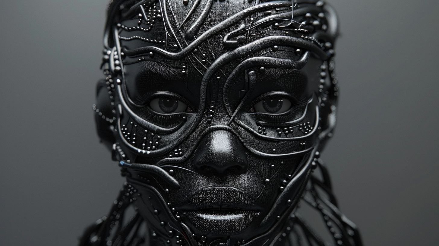 Prompt: 3d female face surrounded by wires,, in the style of dark silver and dark black, afrofuturism, intricate body-painting, pixelated, robotic motifs, made of rubber, textural minimalism