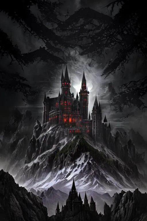 Prompt: dark lords castle on top of mountain surrounded by amassive dark army