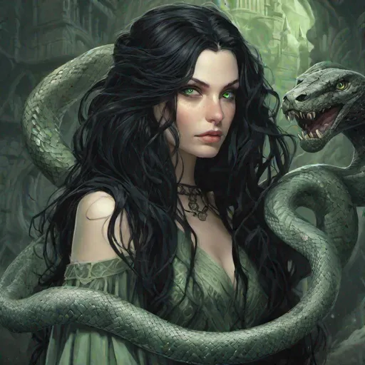 Prompt: stunning witch woman, long black hair, pale green eyes, pale skin, severe, black snake coiled around her, hogwarts, stunning, beautiful realism, intricate detail, epic lighting