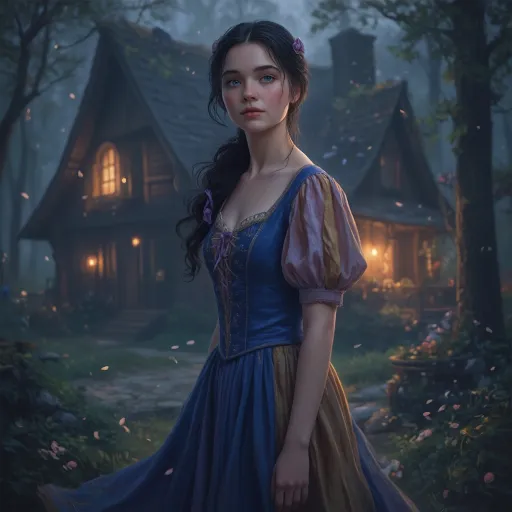 Prompt:  A full-length portrait of Snow White standing outside the Dwarves' forest cottage, styled with the delicate, hyper-realistic painterly look of a Renaissance-inspired fairytale painting. She has striking, wide cerulean blue eyes, a porcelain complexion that practically glows, highlighting her rosy cheeks, and dark hair tied back with soft purple ribbons. Her expression is gentle and curious, with a touch of innocence and resolve. Her dress is a modern fairytale reinterpretation: flowing, rustic yet elegant, in deep indigo and muted gold tones with subtle embroidery. The scene is set at twilight in a lush, enchanted forest, with the warm glow of lantern light spilling from the windows of the cozy wooden cottage behind her. Soft petals drift through the air, and birds perch nearby, adding to the enchanted ambiance. Style is hyper-detailed, cinematic, with soft lighting and magical realism. --v 5 --style painterly --lighting soft twilight --mood enchanted --focus full-body --environment forest cottage --texture realistic fabric and hair