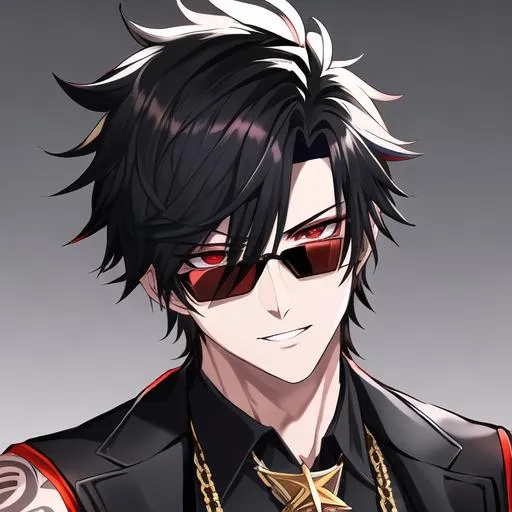 Prompt: Damien (male, short black hair, sharp and sassy red eyes), highly detailed face, 8K, Insane detail, best quality, UHD, handsome, flirty, muscular, Highly detailed, insane detail, high quality. black sunglasses resting on his head, gold jewelry, movie star, hollywood, he has a pentagram tattoo on his arm,,