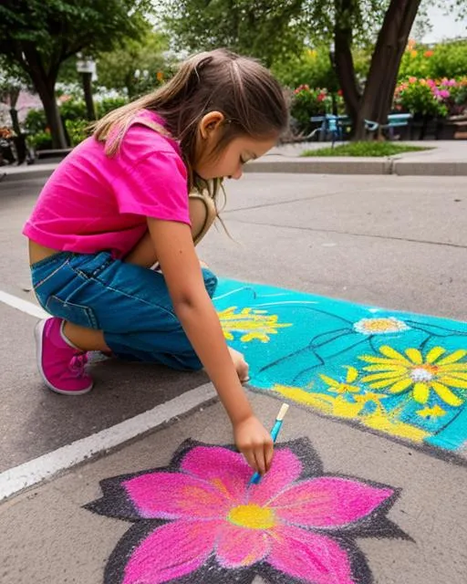 Prompt: A young girl drawing a vibrant chalk art flower garden on a sidewalk. Bold pops of color swirl around her. Low perspective, shot up close with a 50mm lens. Creative, whimsical mood.