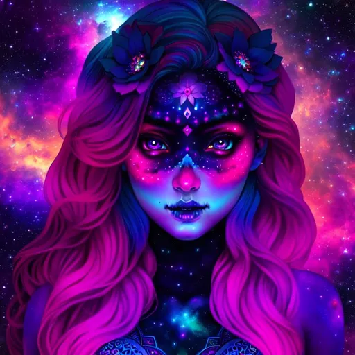 Prompt: dark, Cosmic Epic Beautiful Nebula {Sugarskull}goddess, big dreamy eyes, beautiful intricately-colored scales, symmetrical, Beautiful and Gorgeous, hyper realistic, expansive psychedelic background, hyper realistic, 64K --s99500