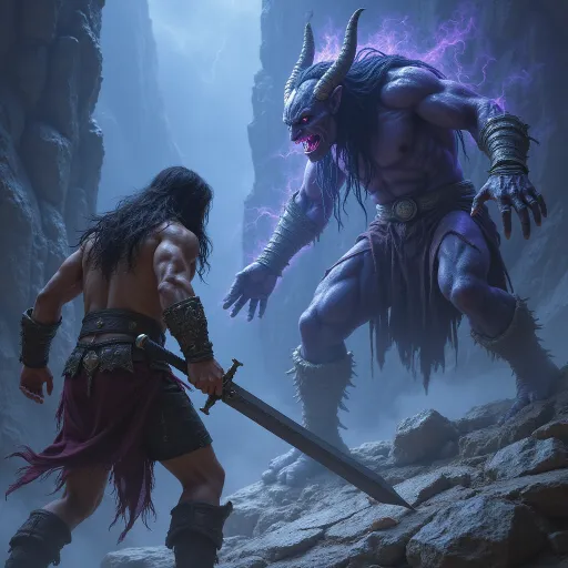 Prompt: epic battle scene, Conan facing a dark, twisted underworld elf, a magic broad sword in one hand and a long dagger in the other, fantasy style, dramatic poses, swirling shadows, intense expressions, rugged, battle-worn armor, ethereal glow from the elf’s magic, jagged cliffs in the background, deep blues and purples with touches of silver, ominous atmosphere, high depth dramatic lighting, ultra-detailed, cinematic composition, mystical energy crackling around them, dynamic action.