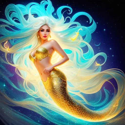 Prompt: A beautiful mermaid swimming, bold nose, ((intricate long flowing white
 hair)), long flowing fins, (gold filigree hair decoration), dark tan skin, ethereal, luminous, fireflies, deep ocean, neon light trails, glowing, nebula, dark contrast, celestial, trails of light, sparkles, 3D lighting, celestial, gold filigree, soft light, vaporwave, fantasy