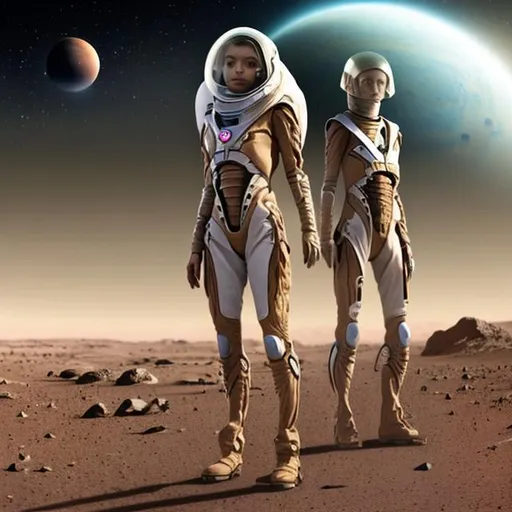 Prompt: Create a realistic photograph of Aria who is a pioneering inhabitant of the Mars Colony. Born on the spaceship during the long voyage from Earth to Mars, she has never known what it's like to live in Earth's gravity. Consequently, her body is lean and tall, having adapted to Mars's lower gravity. Her muscles and bone density are maintained through specific diet and high-resistance exercise, an essential part of every Martian's daily routine.

Due to the high radiation levels on Mars, Aria's skin is paler, and she has a sub-dermal bioengineered layer that helps reduce radiation damage. Her eyes are slightly larger due to generations of living in lower light conditions, giving her a unique, otherworldly appearance. To combat the potential isolation and mental stress of space living, Aria has undergone gene therapy that helps increase resilience and reduce the risk of mental health disorders.

As a symbol of the new "Martian" generation, Aria has a bio-luminescent tattoo - a map of her birth constellations as seen from Earth - that glows softly in the dim Martian nights.