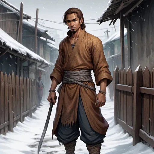 Prompt: Full body, Fantasy illustration of a male malay, gaunt, fence, insidious expression, medivial garment, greasy brown hair, high quality, rpg-fantasy, detailed, snow covered slums background