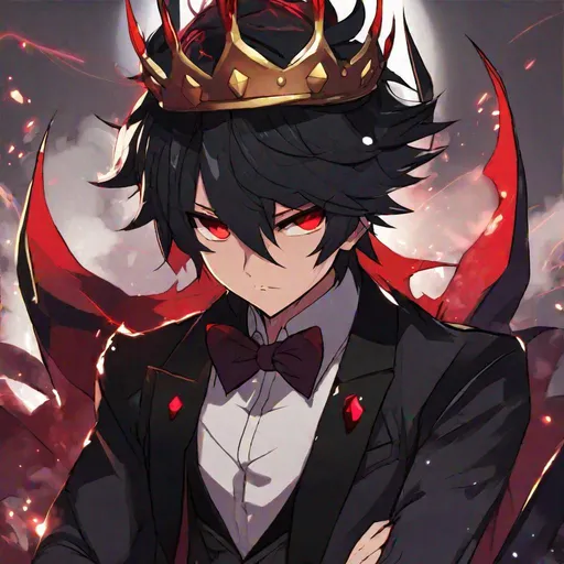 Prompt: Damien  (male, short black hair, red eyes) demon form, wearing a tuxedo, fighting, wearing a crown, angry look on his face
