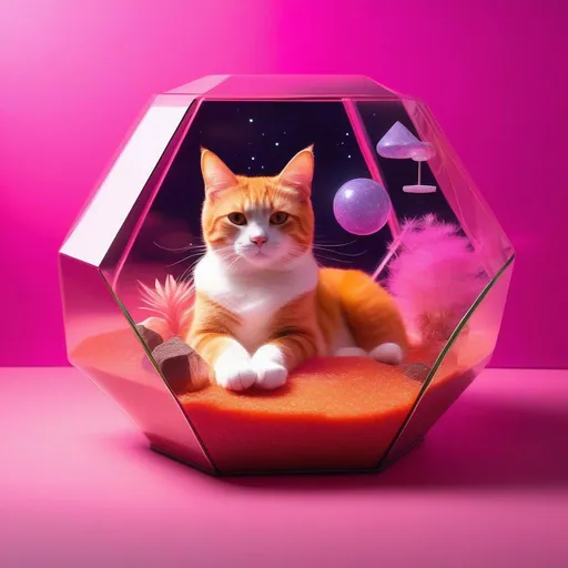 Prompt: (Masterfully crafted Glow, pink lens flare:1.1) an orange house cat with cybernetic limbs, sleeping in a magic circle, terrarium, vivarium, Orgonite pyramids with chrome accents, Mushroom Cloud, a pink backdrop,