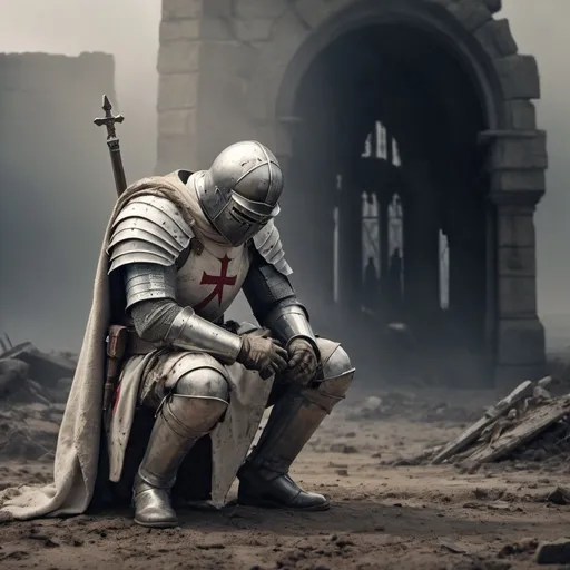 Prompt: Christian Crusader Knight Templar, kneeling for prayer, somber atmosphere, rugged battlefield, dirt and debris surrounding, emotional expression of devotion, worn military gear, weathered face showing exhaustion and relief, muted colors, stark lighting, dramatic shadows, high tension in the background, (4K ultra-detailed), intense mood portraying reflection after heavy combat.