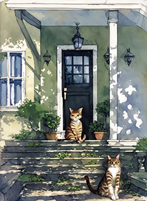 Prompt: A tabby cat sitting on a manor porch.