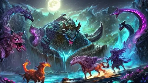 Prompt: Epic beautiful mythical animals near a waterfall next to a pond surrounded by bright colorful flowers at night under a full moon at night dungeons and dragons style 